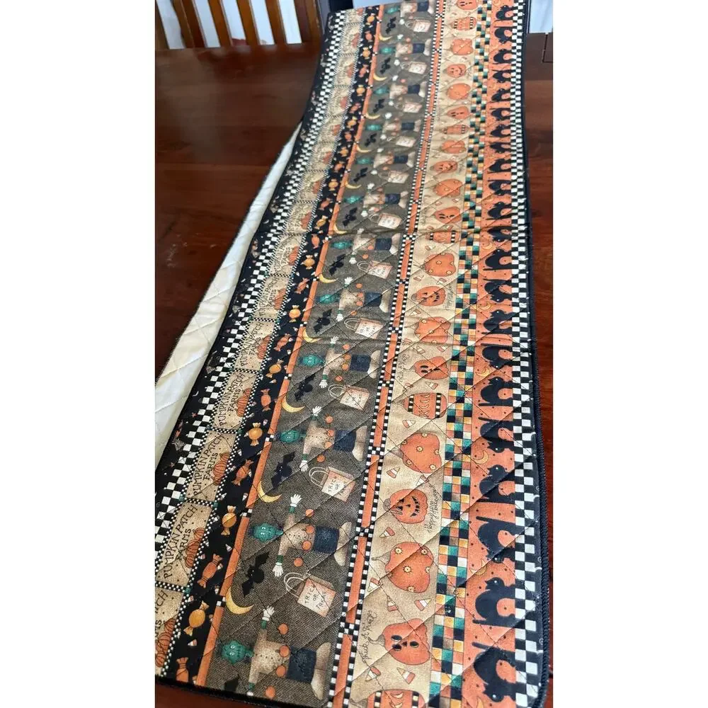 VTG 90s Debbie Mumm Halloween Cloth Table Runner Cat Frankenstein Pumpkin 71 in